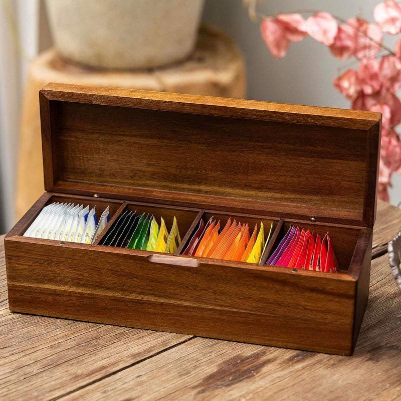 FLYIEE Acacia Wooden Tea Bag Organizers, Tea packet Storage Boxes, Tea Caddy for Tea Bags Chest, Teabag Holder Containers, Teabox Station Display, Organizador De Tes Caja Para Te, 4 Compartments - Image 4